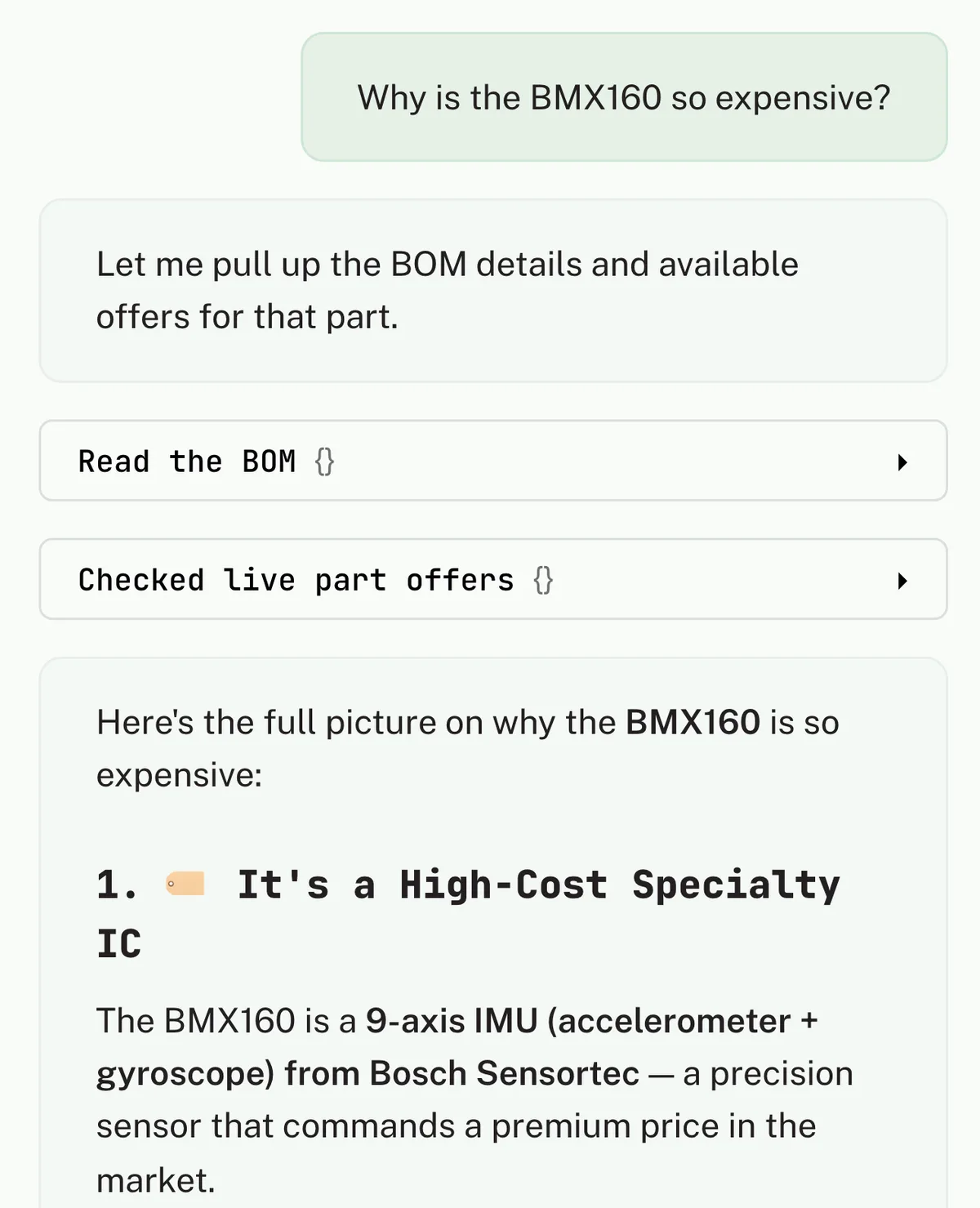 DECODE assistant answering "Why is the BMX160 so expensive?" after reading the BOM and checking live part offers